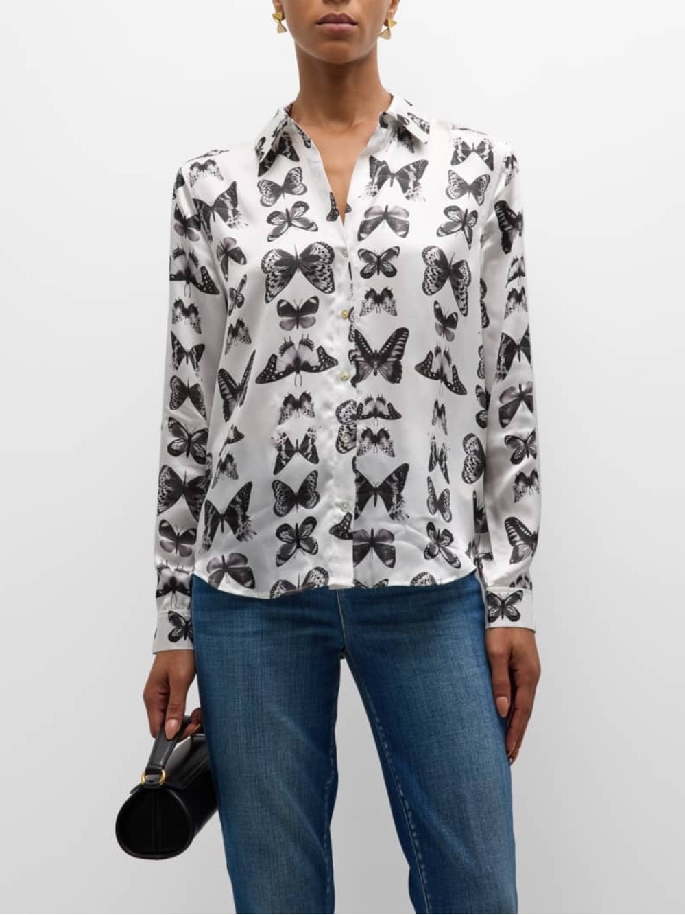L'AGENCE Black & White Butterfly Satin Button-Down Shirt